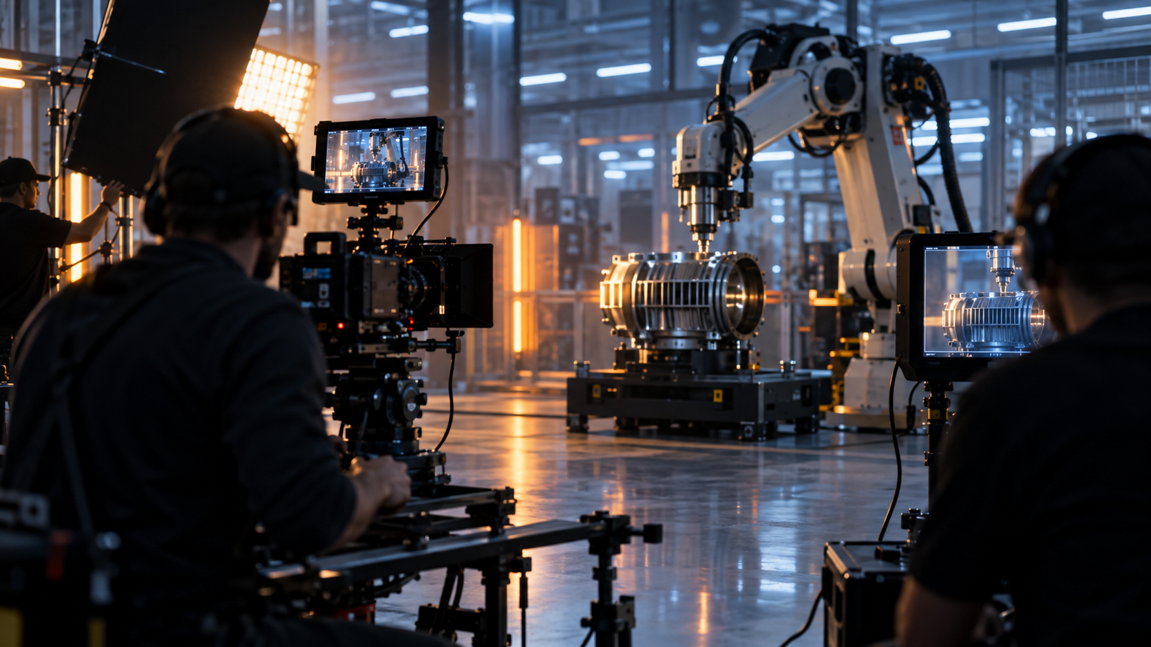 Professional video crew filming an industrial product